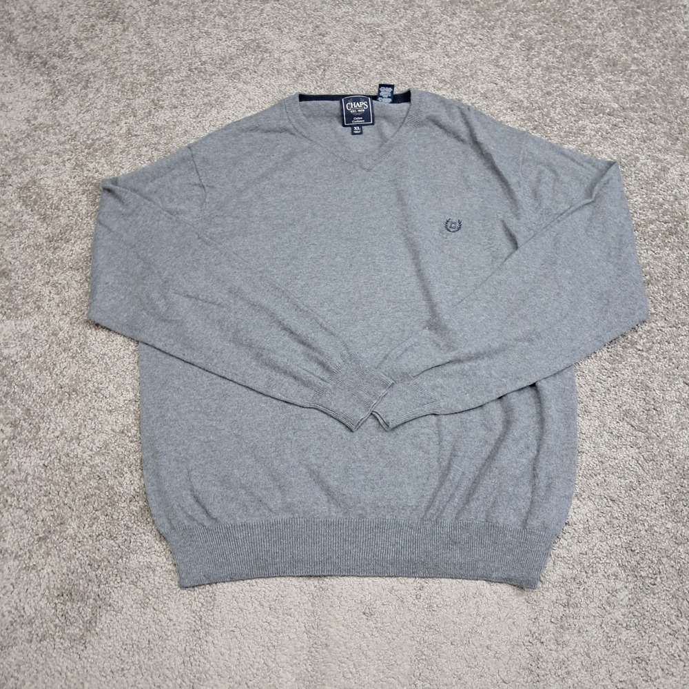 Chaps‎ Mens XL Gray Cotton Cashmere Blend V-Neck Pullover Sweater